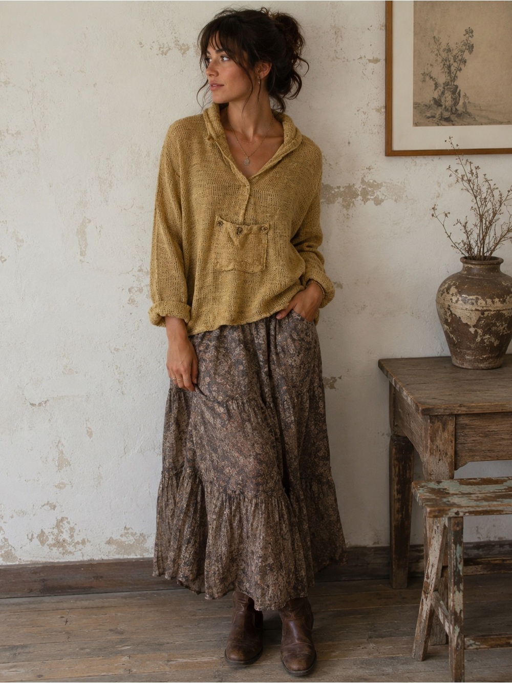 Willi Smith Tan Textured Cotton Knit Pullover Top Size Large Boho Artsy